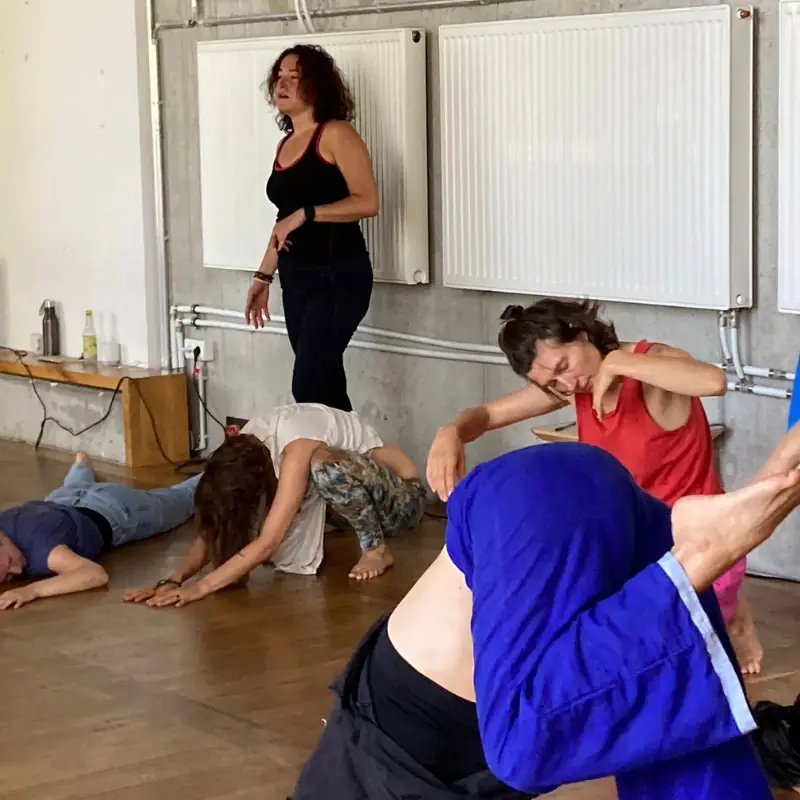 Transformative Tanzsession mit Teilnehmenden, darunter Pilar Valencia, die sich frei bewegen.