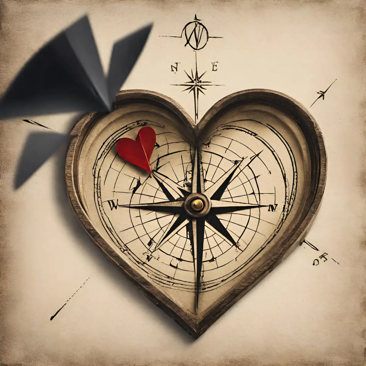 Heart-shaped compass with a small red heart on it, set on a vintage map with a paper airplane flying nearby.