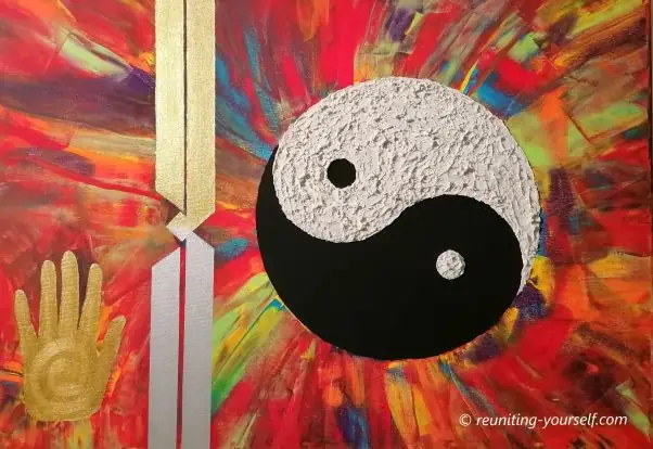 Abstract, vibrant painting featuring a yin-yang symbol at the center, an outstretched hand, and a path symbolizing inner balance, self-discovery, and connection. Artwork by Pilar Valencia.
