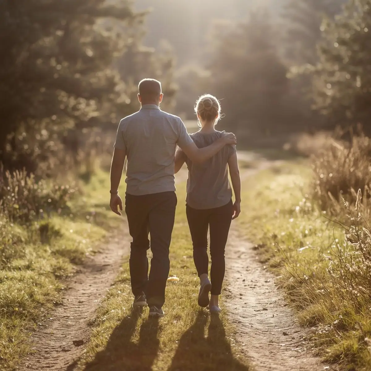 Two people walking arm in arm along a peaceful sunlit path, representing support, personal growth, and the journey toward confidence and authentic living.
