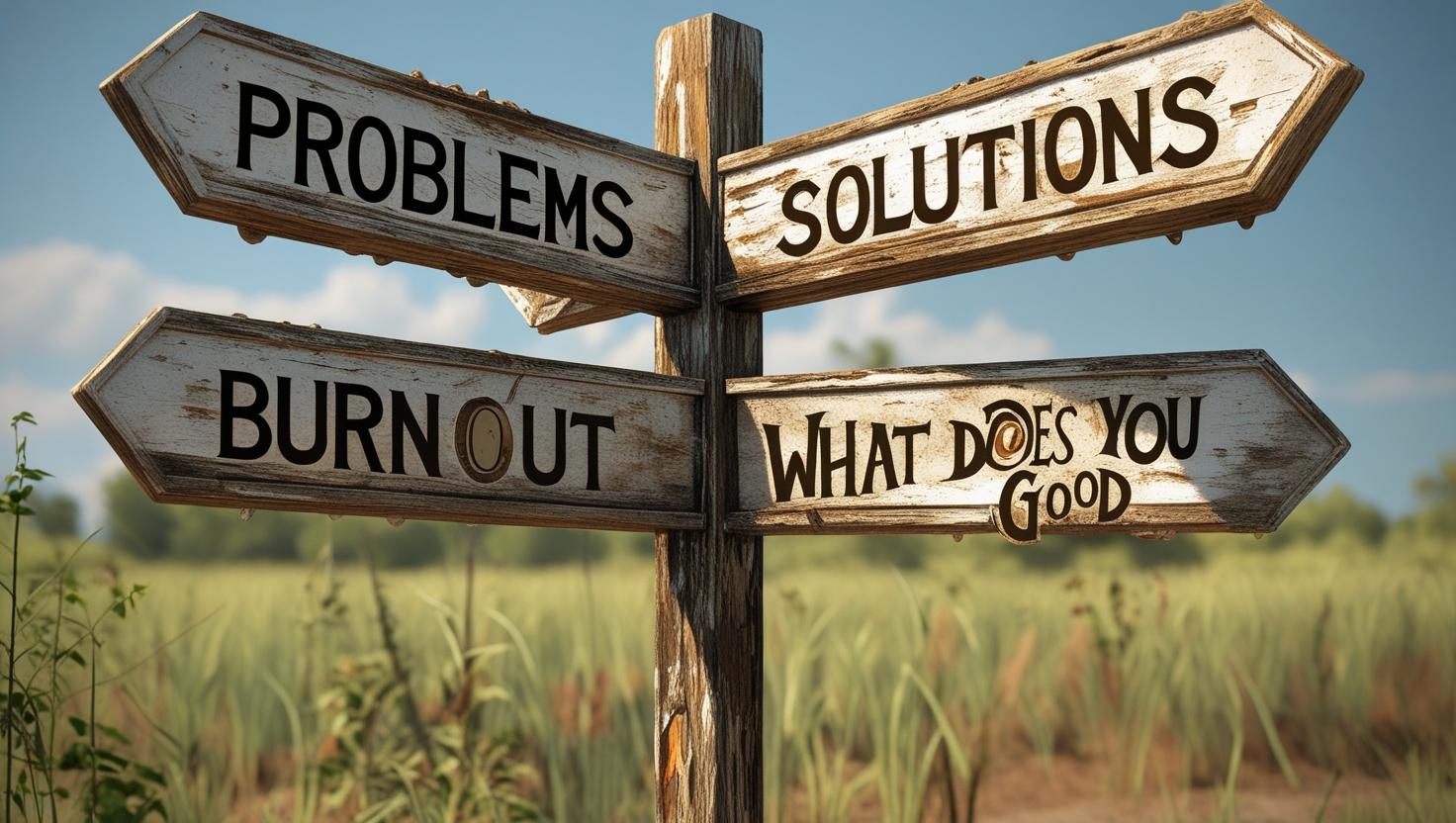 sign of a crossroad with different possibilities: problems, solutions, burnout, what does you good
